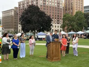 MDARD Director Tim Boring joins representatives of the Michigan Farmers Market Association (MIFMA), food and farm advocates and school officials to announce the Good Food for Michigan Pledge.