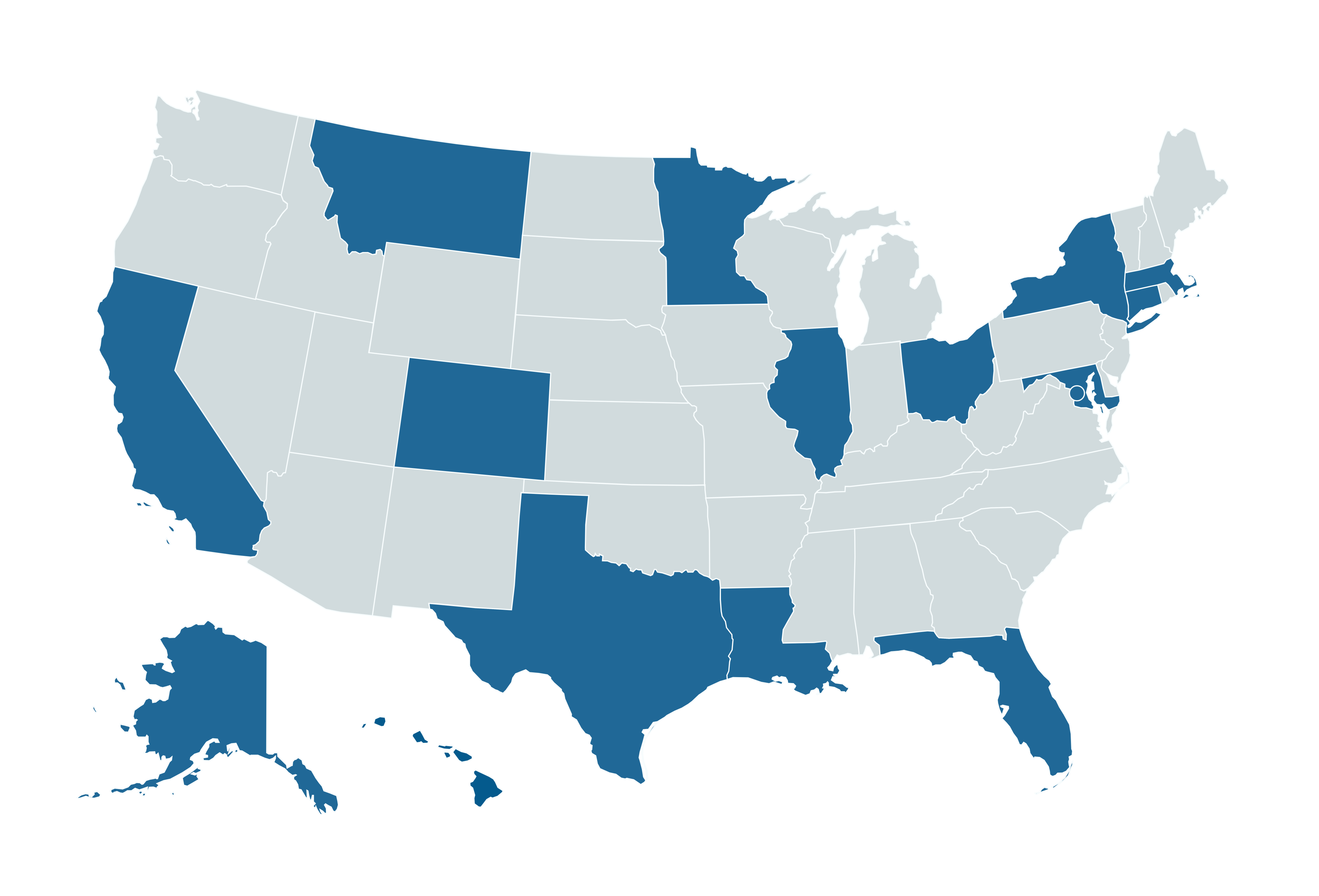 Map highlighting Center's K-12 school district reach across the United States in 2024