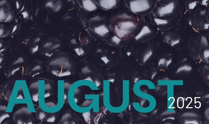 Close-up of blackberries with AUGUST 2025 written in teal and white text
