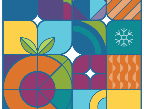 4x4 square image in a stained glass style showing the Center logo and winter imagery