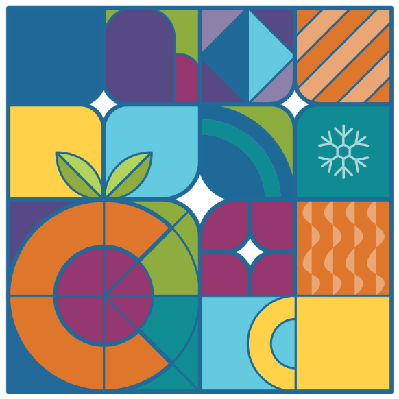 4x4 square image in a stained glass style showing the Center logo and winter imagery