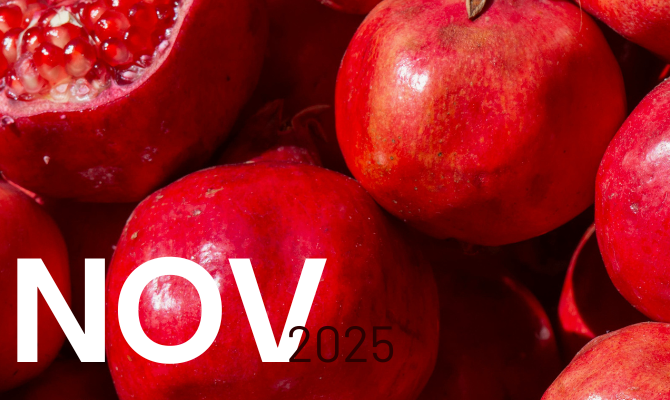 Image of pomegranates. Text reads: NOV 2025
