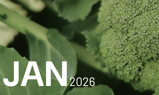 Background image of broccoli greens. Text reads JAN 2026