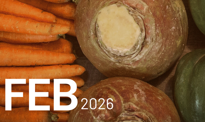 Close-up of winter vegetables. Text reads FEB 2026