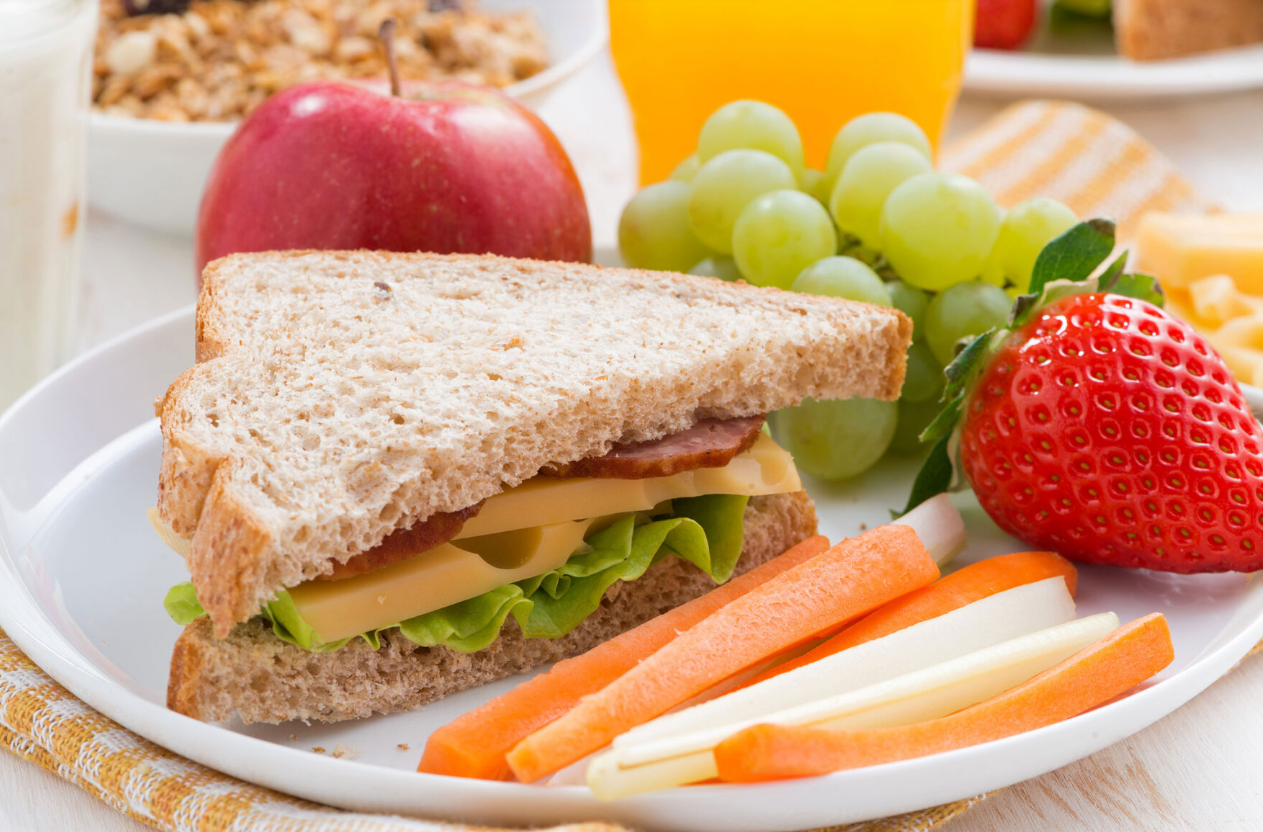 School lunch including half a sandwich and fruit on a plate