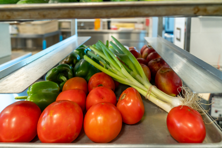 Fresh, whole, local tomatoes, green onions, and peppers in a facility kitchen