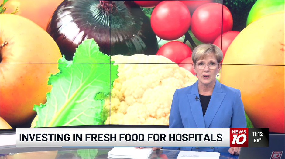 Screenshot of WILX news coverage of Good Food for Michigan grant award to Corewell Health hospitals. Text on screen reads: Investing in Fresh Food for Hospitals