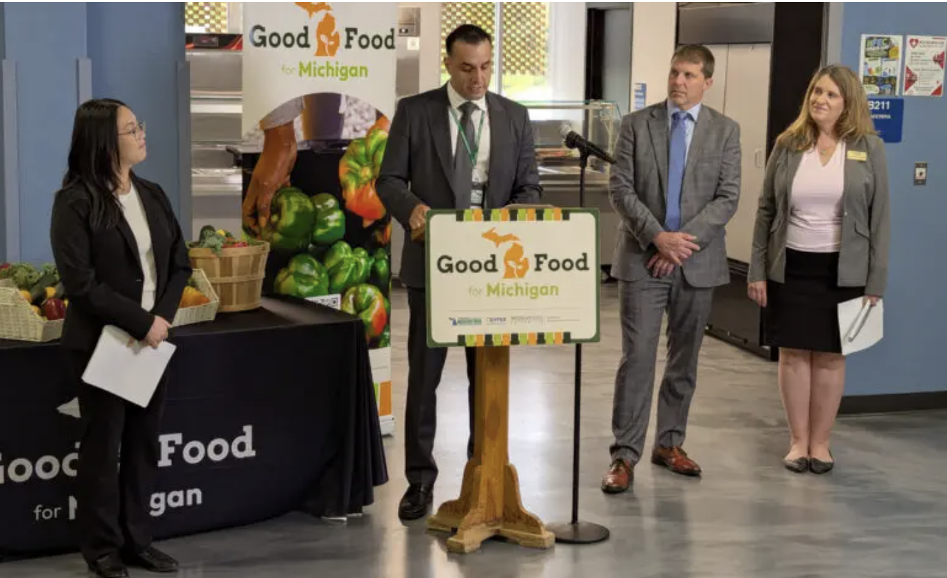 Dearborn Pubic Schools Superintendent Mike Esseily speaks during a press conference about the Good Food for Michigan Project at the Henry Ford Early College in Dearborn on Thursday, Sept. 24. Also pictured are Melanie Tran, Tim Boring and Dr. Deanne Kellleher.